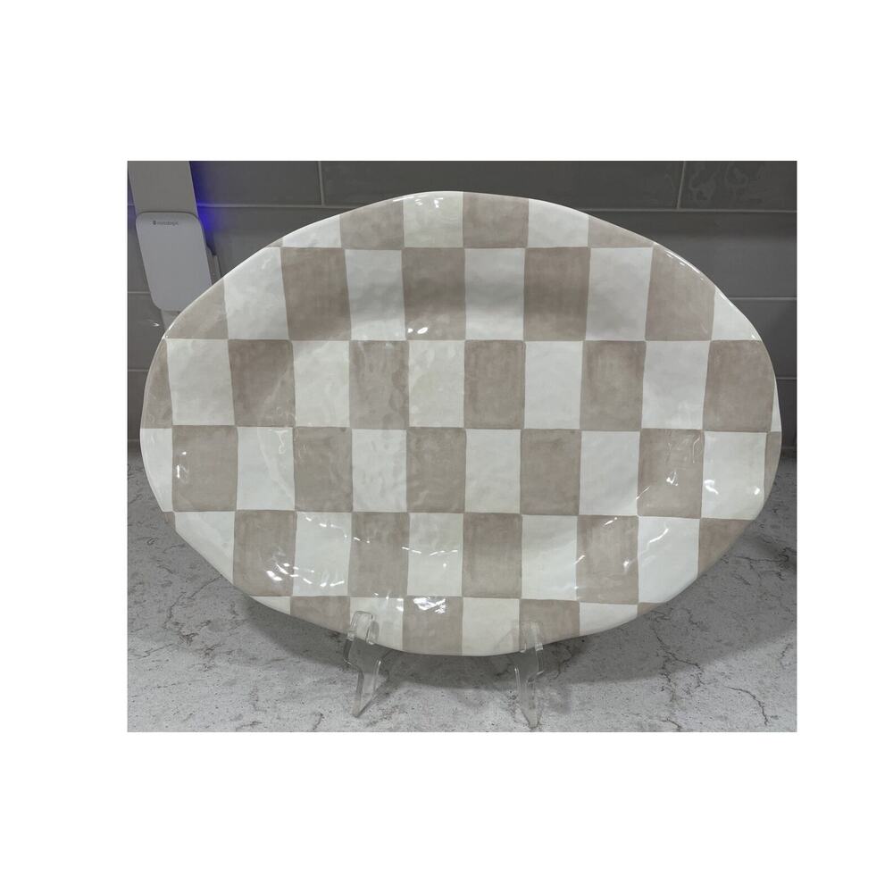 BROWN TAN CHECKERED Shiny 18x13” Melamine Oval Serving Platter Serve Tray Party